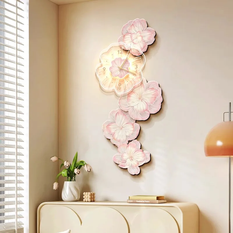 Lighting Home Decor Wall Clocks - Luxo rosa flor luz relógio de