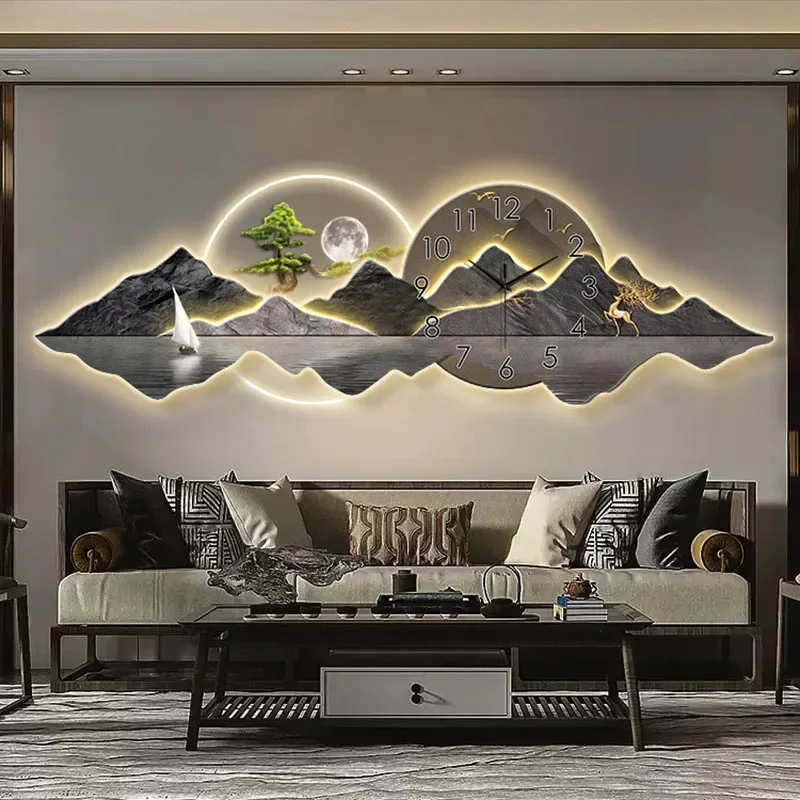 Lighting Home Decor Wall Clocks - Pintura chinesa moderna com relógio led