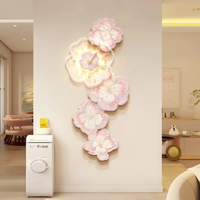 Luxo rosa flor luz relógio de  - Lighting Home Decor Wall Clocks avaliação e preço